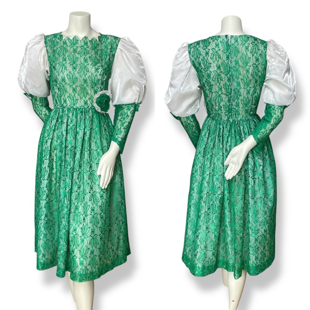 Handmade Dress Green Lace Puffed Sleeves Rosette Waist‎ Halloween Costume Unique